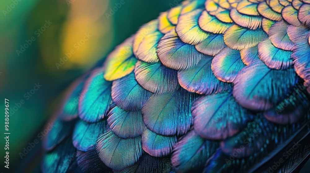 Poster close-up of iridescent feathers showcasing vibrant colors and intricate patterns.