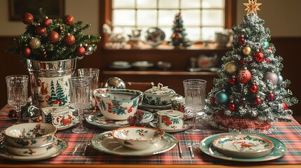 A retro Christmas Eve dinner set in the 1950s, with a table covered in a festive plaid tablecloth, traditional holiday dishes, vintage glassware,