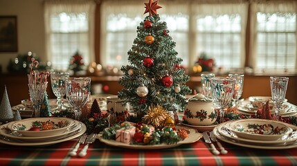 Fototapeta premium A retro Christmas Eve dinner set in the 1950s, with a table covered in a festive plaid tablecloth, traditional holiday dishes, vintage glassware,