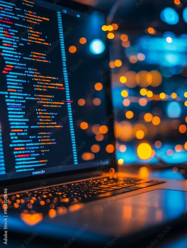 Poster a laptop with code and data displayed on the screen, set against a backdrop of blurred lights, symbo