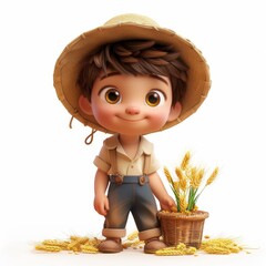 Cheerful Young Boy in Farming Attire with Wheat Basket