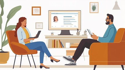 Fototapeta premium A virtual consultation for mental health services, with a therapist speaking to a patient in a safe and private online environment.