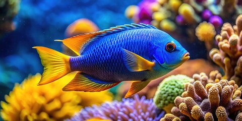Fototapeta premium A blue tropical fish darts through coral reefs, its large forehead gleaming as yellow and orange fins flutter and a dorsal fin waves.