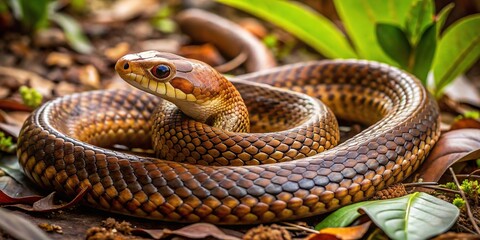 Obraz premium A brown snake navigates dense undergrowth, its camouflaged body expertly blended with the rust-hued earth and leaves as it stalks potential prey.