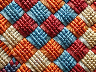 A close-up shot of woven fabric reveals interconnected diamond patterns, traditional baseball stitching alternating colors, textured by varying thicknesses and ridges.