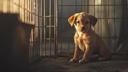 A small puppy sitting in a cage, evoking feelings of compassion and hope for adoption.