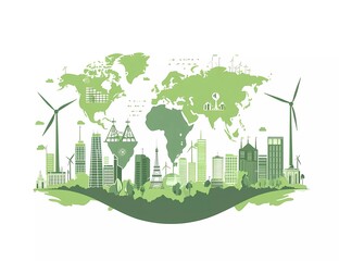 Green world map with green city and wind power plant on white background vector illustration