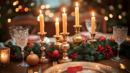 Candlelit Christmas dinner with golden taper candles, luxurious dinnerware, sparkling silverware, and rich red and green garlands running along the table,