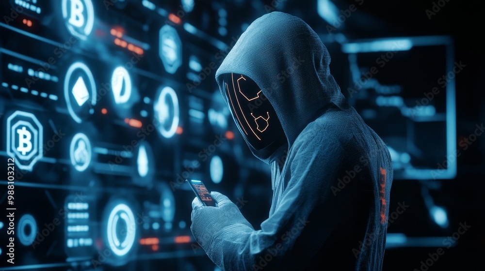 Poster an anonymous hacker wearing a hooded sweatshirt and a mask uses their smartphone to trade on the dar