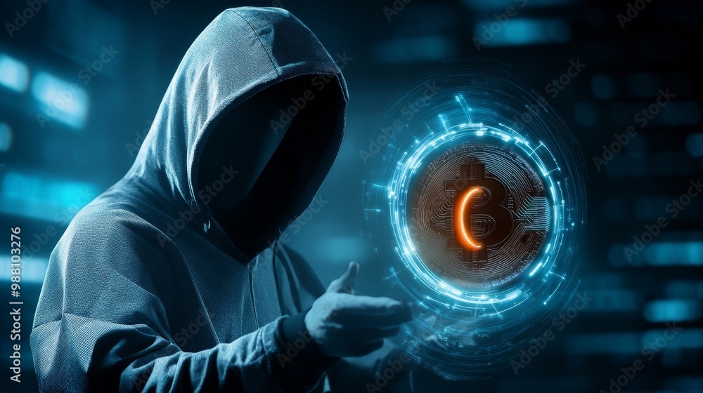 Poster a hooded figure, representing an anonymous hacker, engages in a bitcoin transaction on a dark web ma