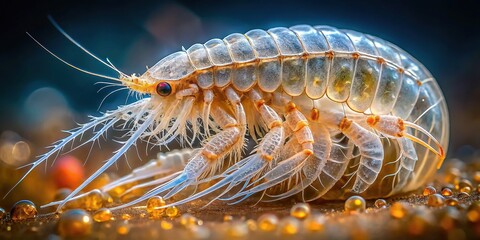 A delicate crustacean clings to a porous surface, its calcified shell shimmering with dew as delicate tendrils and feathery plumes radiate outward in intricate patterns.