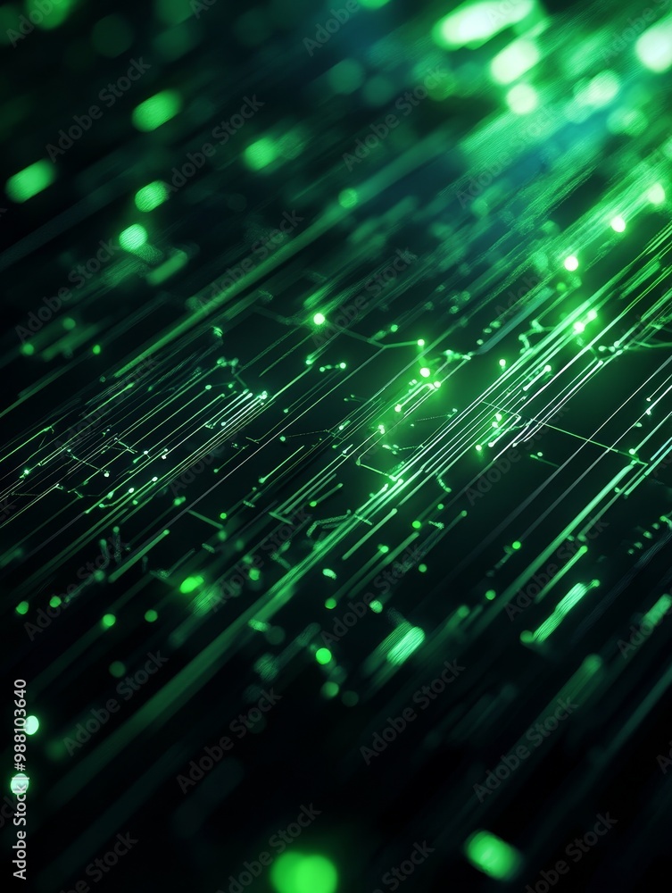 Poster futuristic digital interface with glowing green data lines representing technology, innovation, prog