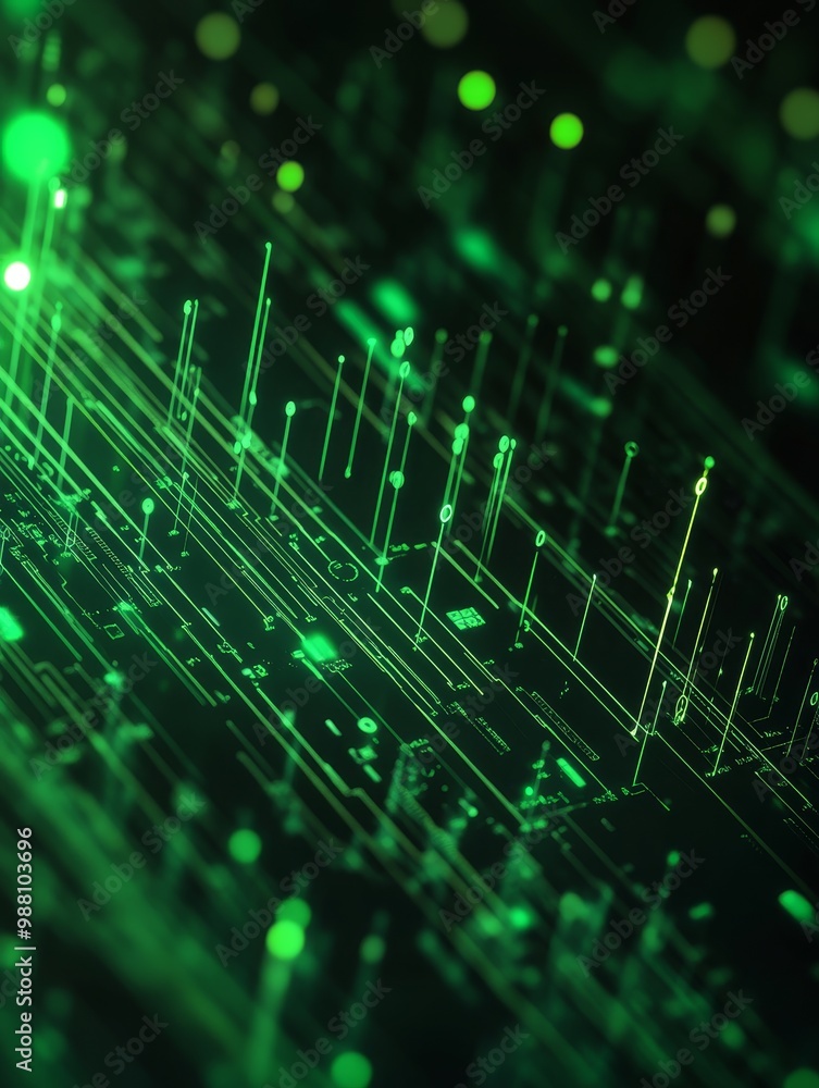Poster futuristic digital interface with green data representing data flow, networking, technology, innovat