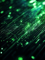 Obraz premium Futuristic digital interface with glowing green data lines representing technology, innovation, progress, connection, and network.