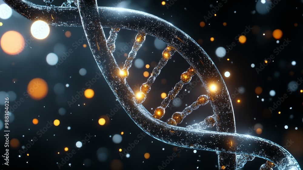 Poster glowing dna helix with bokeh lights: a mesmerizing representation of genetic code, life, and science