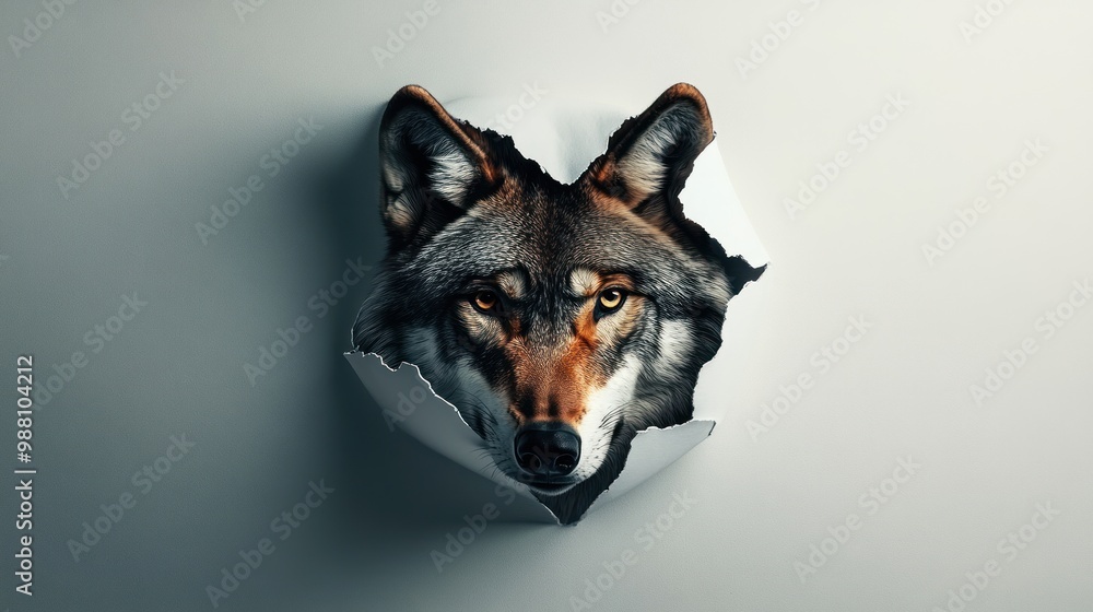 Poster a wolf's head emerging from a torn wall, creating a striking visual effect.