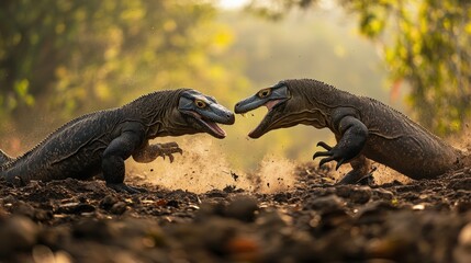 Fototapeta premium Two prehistoric creatures appear to be in a dramatic confrontation in a natural setting.