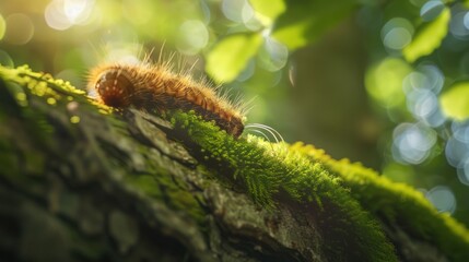 Fototapeta premium Caterpillar on Mossy Tree Branch
