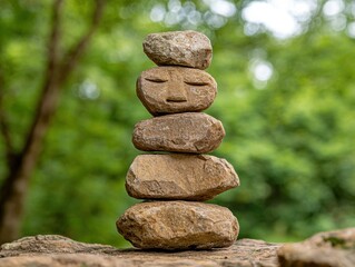 Stacked rocks with carved face in nature