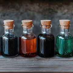 Assortment of colorful glass bottles with cork stoppers