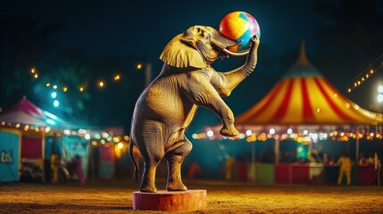 An elephant performs with a beach ball in a vibrant circus setting at night.