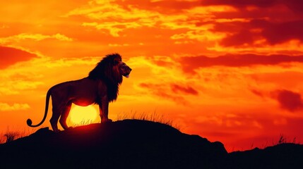 A silhouette of a lion against a vibrant sunset, symbolizing strength and beauty in nature.