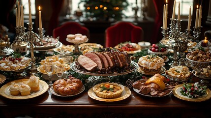 Fototapeta premium Elegant Victorian Christmas dinner with a richly decorated table, silver candelabras, gold-rimmed china, roasted meats, and vintage holiday desserts, surrounded by velvet drapes and antique furniture,