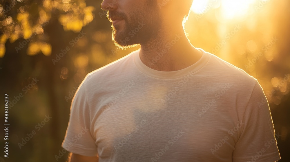 Poster a man stands in soft sunlight, creating a warm and serene atmosphere.