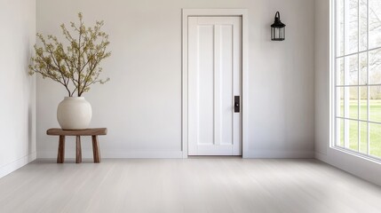 Modern farmhouse foyer with gray LVP flooring, white walls, a wooden bench, a large vase with branches, and a door leading to the next room.
