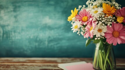 Vibrant Bouquet of Colorful Flowers on Rustic Wooden Table