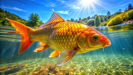 Naklejka premium A large, vibrant orange-and-yellow carp glides effortlessly through sunlit waters, its striking head and tail fins creating a soothing, undulating pattern on the surface.