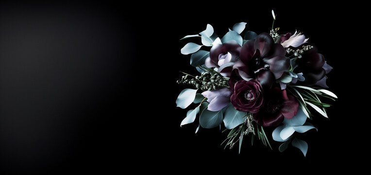 close up flowers photography ,Floral design graphic, with closeup of sombre subtle undersaturated petals and flowers, with large negative space available for text and content