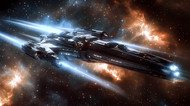 Imperial spaceship cruising at light speed across the galaxy, featuring science fiction and star wars-inspired technology. Galactic War. Illustration