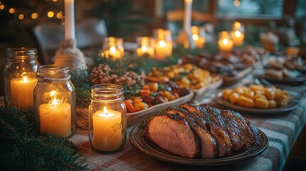 Farmhouse-style Christmas Eve dinner, featuring a long wooden table with a plaid tablecloth, mason jar candles flickering, a hearty spread of roasted meats and vegetables,