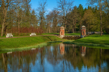 View of the Turkish (Red) cascade on the Upper Ponds in the Catherine Park of Tsarskoye Selo on a...
