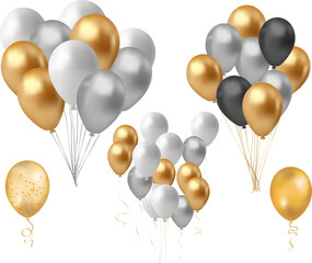 Set of silver, gold and white balloons isolated on transparent background. Vector illustration