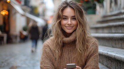 A beautiful woman is sitting on the right side of the stone steps in the middle of a busy city square while traveling, smiling while looking at her smartphone.
