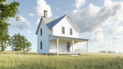 A charming white farmhouse with a spacious porch, offering a welcoming and serene setting for country living. Picture perfect home, rural living, peaceful retreat, family home, and front porch.