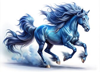 A majestic blue stallion with flowing mane and gleaming eye charges forward, powerful strides echoing through the land, horn leading the way with quiet confidence.