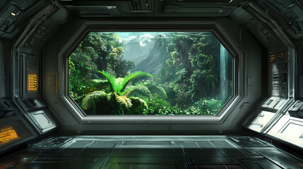 Interior of a spaceship deck, an alien plant showing at the window, sci-fi illustration. Starship. Illustration