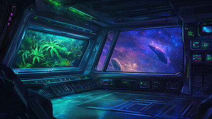 Obraz premium Interior of a spaceship deck, an alien plant showing at the window, sci-fi illustration. Starship. Illustration