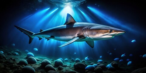 Fototapeta premium A majestic deep-sea shark glides through darkness, bioluminescent markings aglow under faint glow of distant underwater geysers.