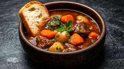 hearty beef stew with vegetables and bread