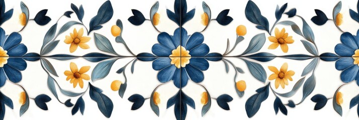 Obraz premium A delicate and intricate floral mosaic tile pattern featuring blue and yellow flowers, symbolizing beauty, nature, tradition, craftsmanship, and design.