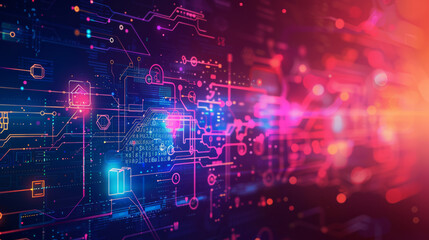 Obraz premium A dynamic graphic representation of technology terms showcasing vibrant circuits and data flow. image conveys sense of innovation and connectivity.