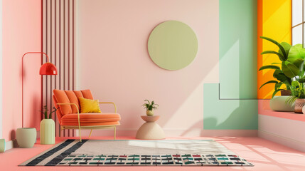 A vibrant and minimalist furnished room featuring cozy orange chair, colorful walls, and lush plants, creating cheerful atmosphere.