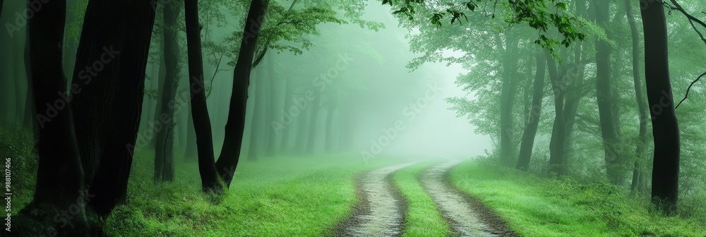 Poster a winding pathway leads through a misty forest, creating an enchanting and tranquil atmosphere. the 
