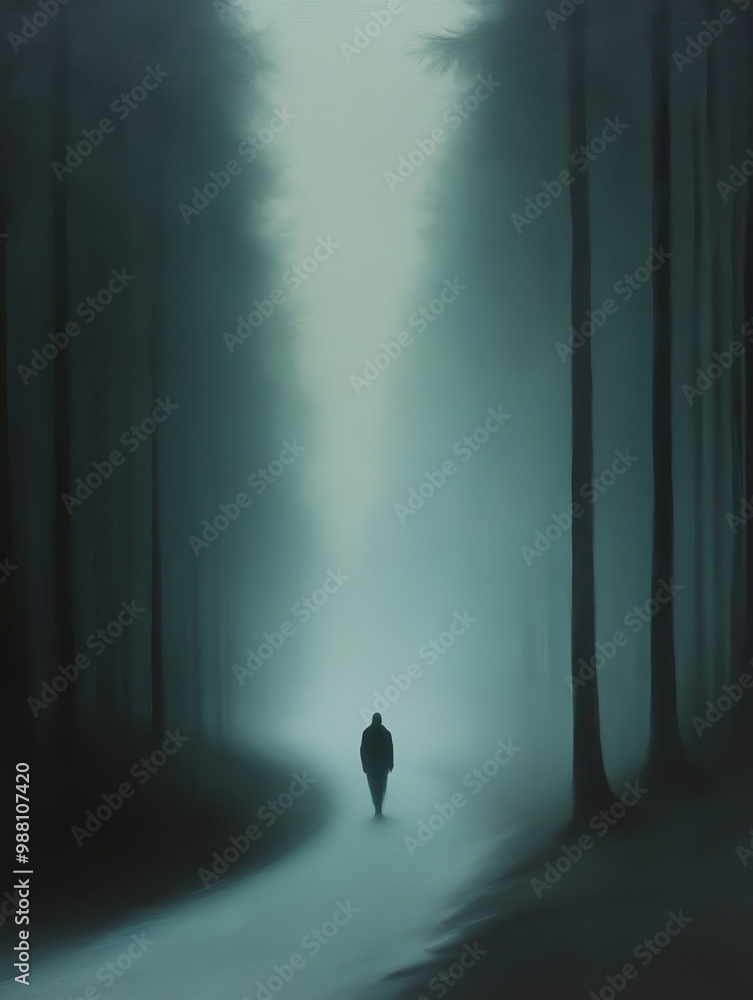 Poster a single figure walks towards the light at the end of a mysterious path through a foggy forest, symb