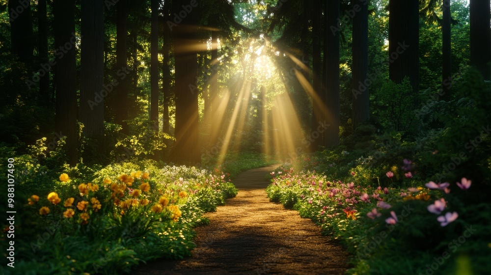 Poster sunlight filters through the canopy of a lush forest, creating a serene path lined with vibrant flow