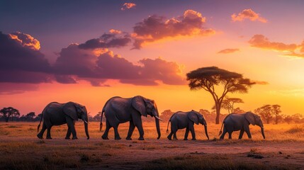 Obraz premium A herd of elephants walking at sunset, showcasing nature's beauty and wildlife.